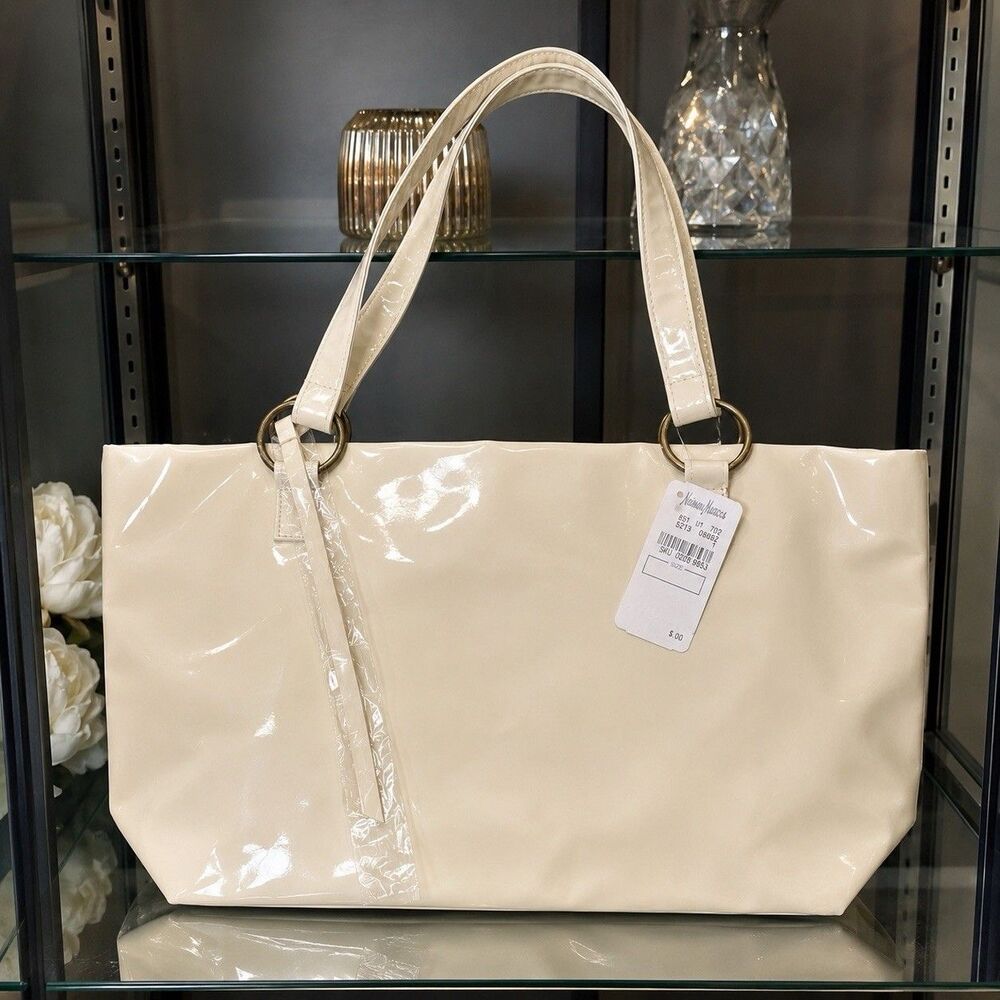 Neiman Marcus Vtg Y2K 1990s Womens Cream Faux Patent Leather Tote Bag Promo New